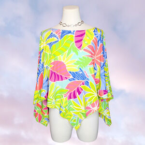 Vtg 90s Y2k Paradiso Beach Cover Up Rayon Tropical Colorful Palm Cape Poncho L